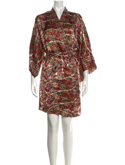 Pre-owned Oscar De La Renta Floral Print Robe In Neutrals/red