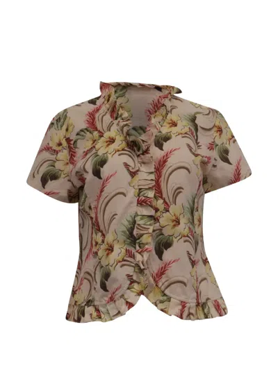 Pre-owned Oscar De La Renta Floral-print Ruffled Blouse In Neutral