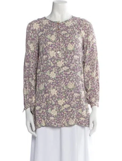 Pre-owned Oscar De La Renta Floral Print Scoop Neck Blouse In Purple