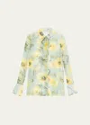 Oscar De La Renta Floral Print Silk Chiffon Blouse With Tie Neckline In Sage Yellow