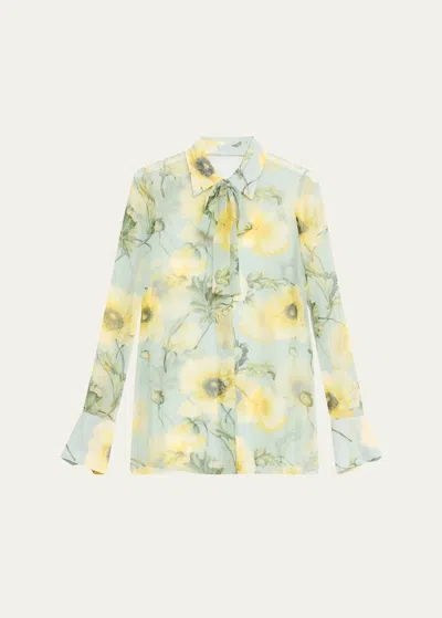 Oscar De La Renta Floral Print Silk Chiffon Blouse With Tie Neckline In Sage Yellow