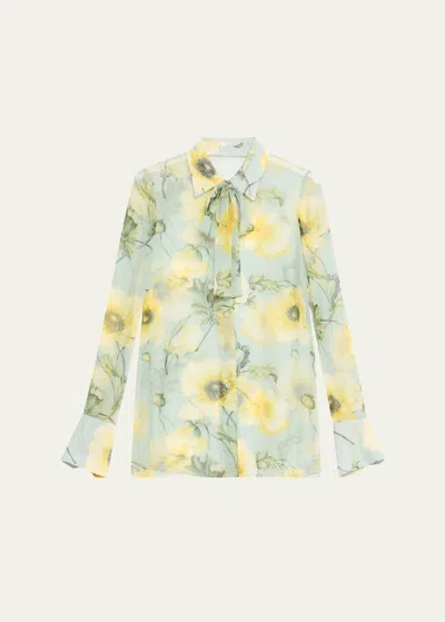 Oscar De La Renta Floral Print Silk Chiffon Blouse With Tie Neckline In Yellow