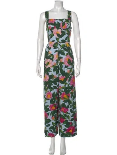 Pre-owned Oscar De La Renta Floral Print Square Neckline Jumpsuit In Green