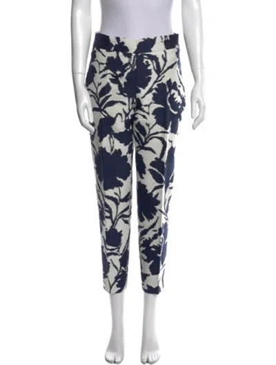 Pre-owned Oscar De La Renta Floral Print Straight Leg Pants In White