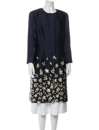 Pre-owned Oscar De La Renta Floral Print Trench Coat In Blue