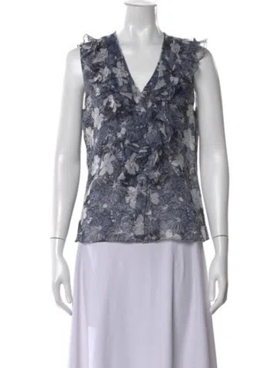 Pre-owned Oscar De La Renta Floral Print V-neck Blouse In Blue