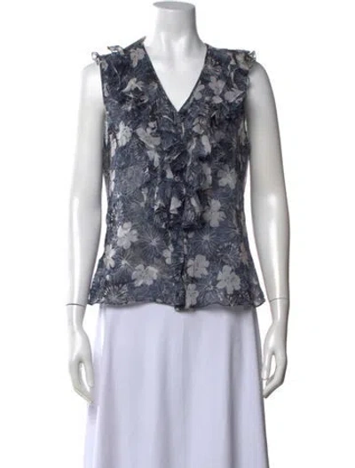 Pre-owned Oscar De La Renta Floral Print V-neck Blouse In Blue
