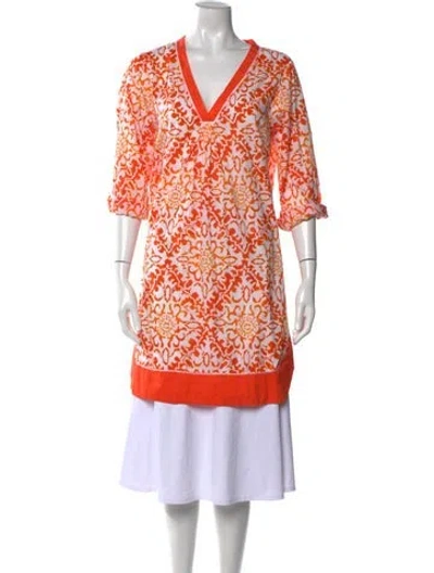 Pre-owned Oscar De La Renta Floral Print V-neck Tunic In Orange