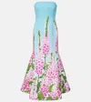Oscar De La Renta Foxglove Print Strapless Trumpet Gown In Blue