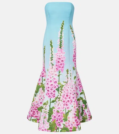 Oscar De La Renta Floral Printed Bustier Gown In Blue