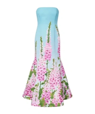 Oscar De La Renta Floral Printed Bustier Gown In Blue