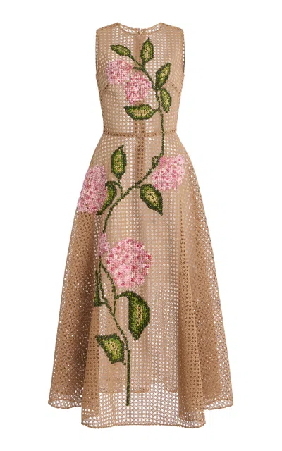 Oscar De La Renta Floral Rattan Guipure Midi Dress In Multi