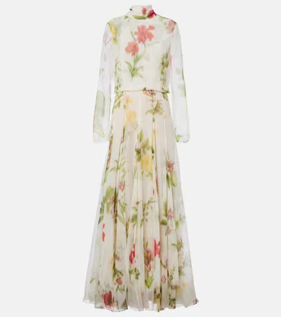 Oscar De La Renta Floral Silk Chiffon Gown In White