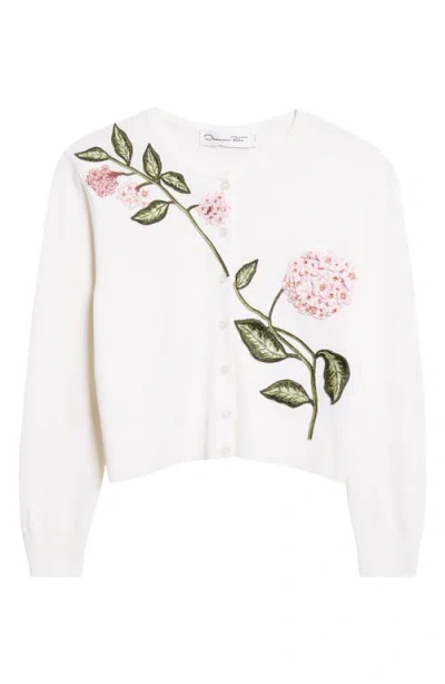 Oscar De La Renta Floral Virgin Wool Cardigan In White