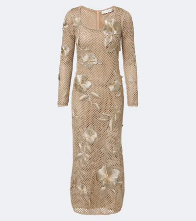 Oscar De La Renta Floral-applique Open-knit Midi Dress In Brown