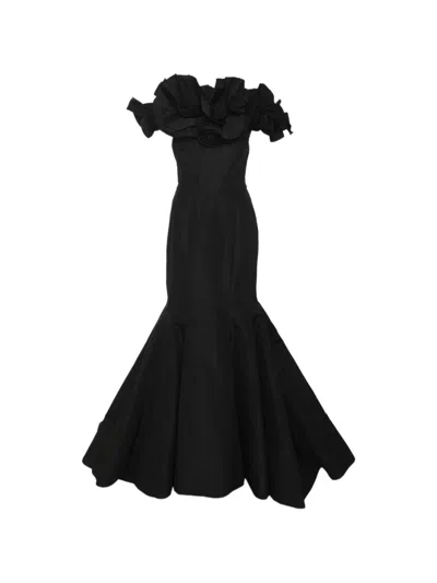 Pre-owned Oscar De La Renta Floral-appliqué Satin Gown In Black