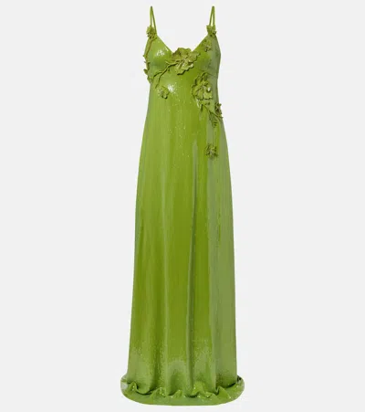 Oscar De La Renta Floral-appliqué Sequined Jersey Gown In Green