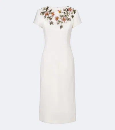 Oscar De La Renta Floral-embellished Wool-blend Crepe Midi Dress In White