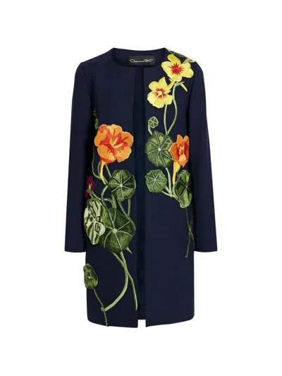 Oscar De La Renta Floral-appliquéd Grain De Poudre Coat In Blue