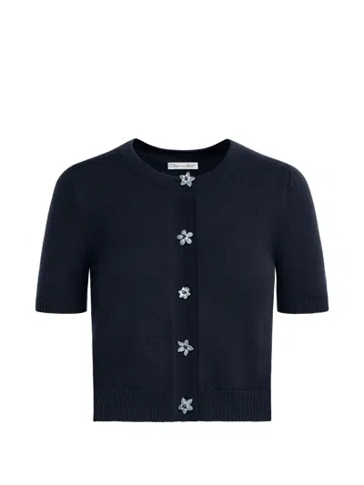 Oscar De La Renta Floral-buttons Cropped Cardigan In Blue