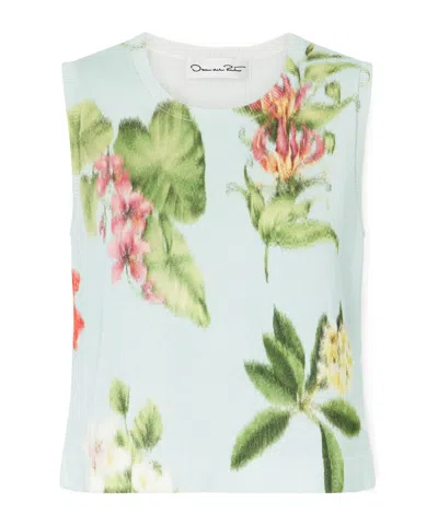 Oscar De La Renta Floral-print Cotton-blend Knitted Tank In Blue