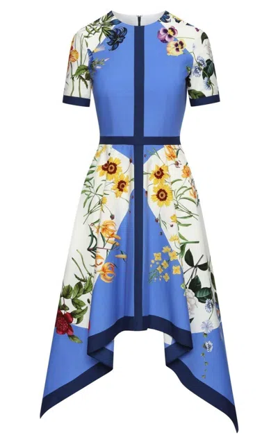 Pre-owned Oscar De La Renta Floral-print Flared Cotton Dress Size Us 2 In Blue