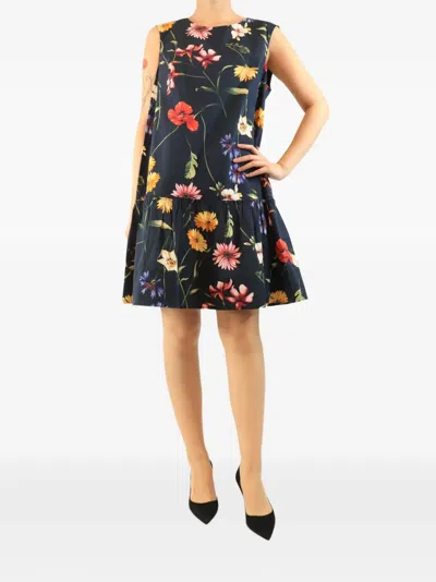 Pre-owned Oscar De La Renta Floral-print Mini Dress In Blue