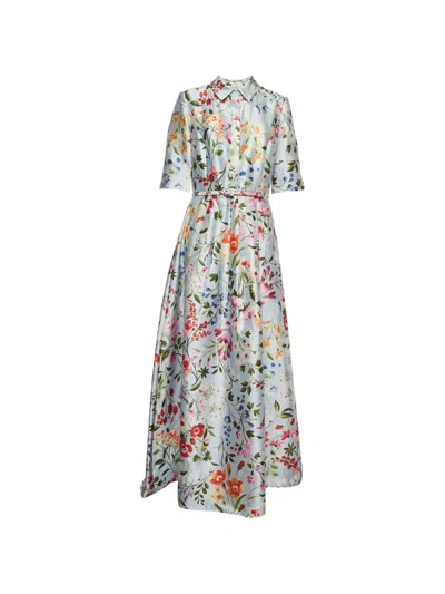 Pre-owned Oscar De La Renta Floral-print Sateen Shirt Maxi Dress In White