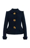 Oscar De La Renta Flower-button Wool-tweed Jacket In Blue