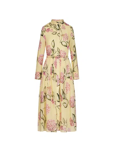 Oscar De La Renta Porcelain Flower Cotton Poplin Long-sleeve Dress In Yellow