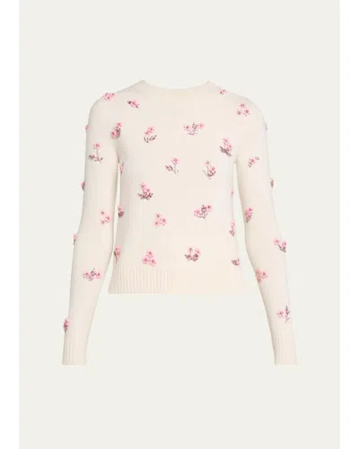 Oscar De La Renta Flower Crystal Embellished Wool Sweater In Ivory