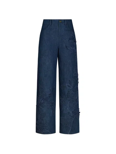 Oscar De La Renta Porcelain Flowers Embroidered Denim Straight-leg Jeans In Blue