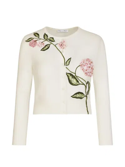 Oscar De La Renta Flower-embellishment Cropped Cardigan In White