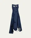 Oscar De La Renta Flower Embroidered Denim Sleeveless Maxi Dress In Blue