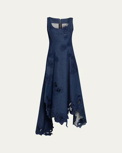 Oscar De La Renta Flower Embroidered Denim Sleeveless Maxi Dress In Blue
