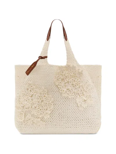 Oscar De La Renta Flower-embroidered Shoulder Bag In Neutral