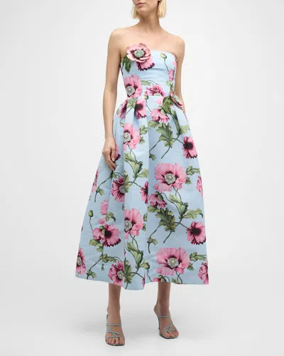 Oscar De La Renta Flower Embroidered Strapless Poppies Faille Midi Dress In Light Blue