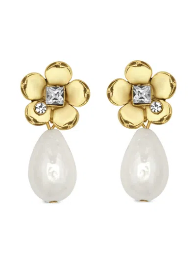 Oscar De La Renta Flower Pearl Drop Earrings In Gold