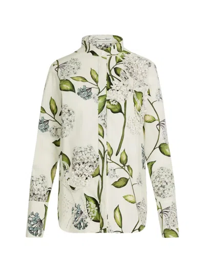 Oscar De La Renta Embroidered Porcelain Flowers Button-front Shirt In White