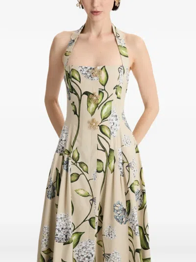 Oscar De La Renta Flower-print Halter-neck Midi Dress In Burgundy