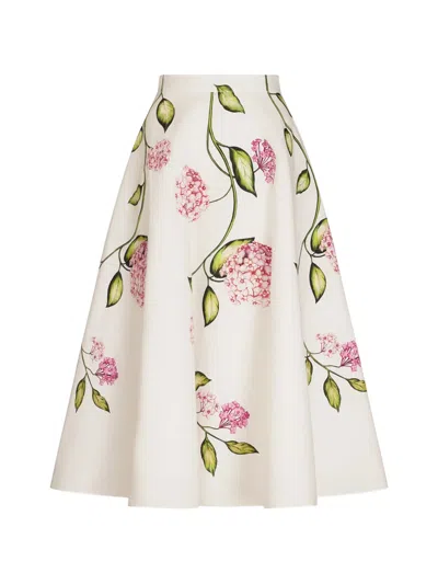 Oscar De La Renta Porcelain Flowers Stretch Cotton Poplin A-line Midi Skirt In White