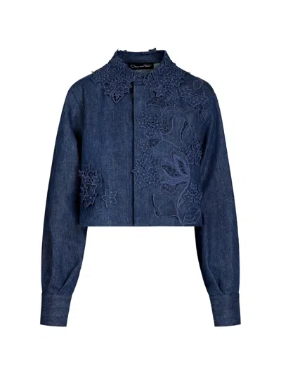 Oscar De La Renta Flower-embroidery Jacket In Blue