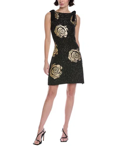 Oscar De La Renta Foil Rose Knit Shift Dress In Black