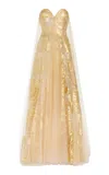 Oscar De La Renta Foiled Embroidered Tulle Gown In Gold