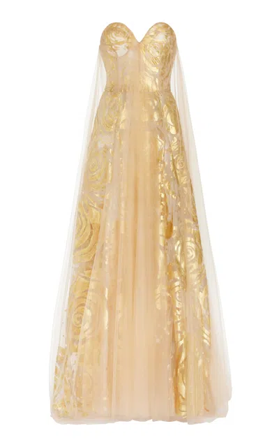 Oscar De La Renta Foiled Embroidered Tulle Gown In Gold