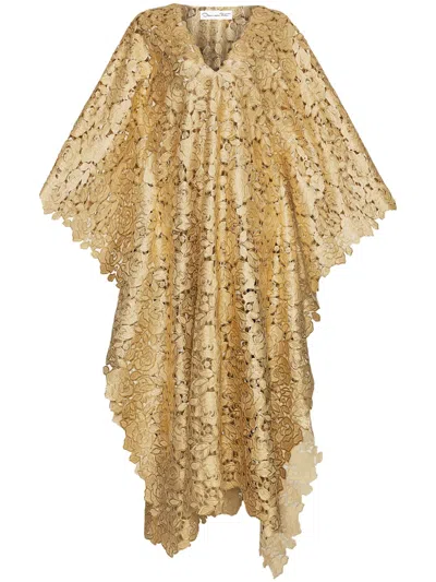 Oscar De La Renta Foiled Guipure-lace Kaftan Dress In Gold