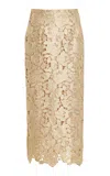 Oscar De La Renta Foiled Guipure Lace Midi Skirt In Gold