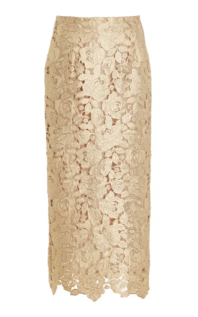 Oscar De La Renta Foiled Guipure Lace Midi Skirt In Gold