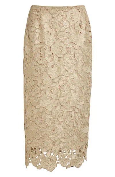 OSCAR DE LA RENTA OSCAR DE LA RENTA FOILED ROSE GUIPURE LACE MIDI PENCIL SKIRT