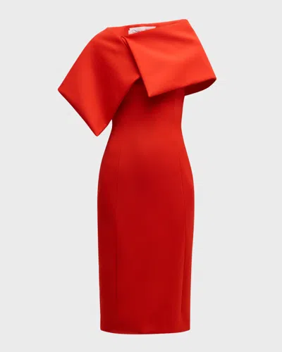 Oscar De La Renta Foldover-neck Bonded Wool Tailoring Midi Dress In Vermilion